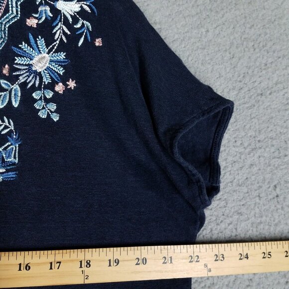 J. Jill Linen Shirt Women's Large Blue Floral Embroidered V-Neck Beach Casual - Picture 7 of 10